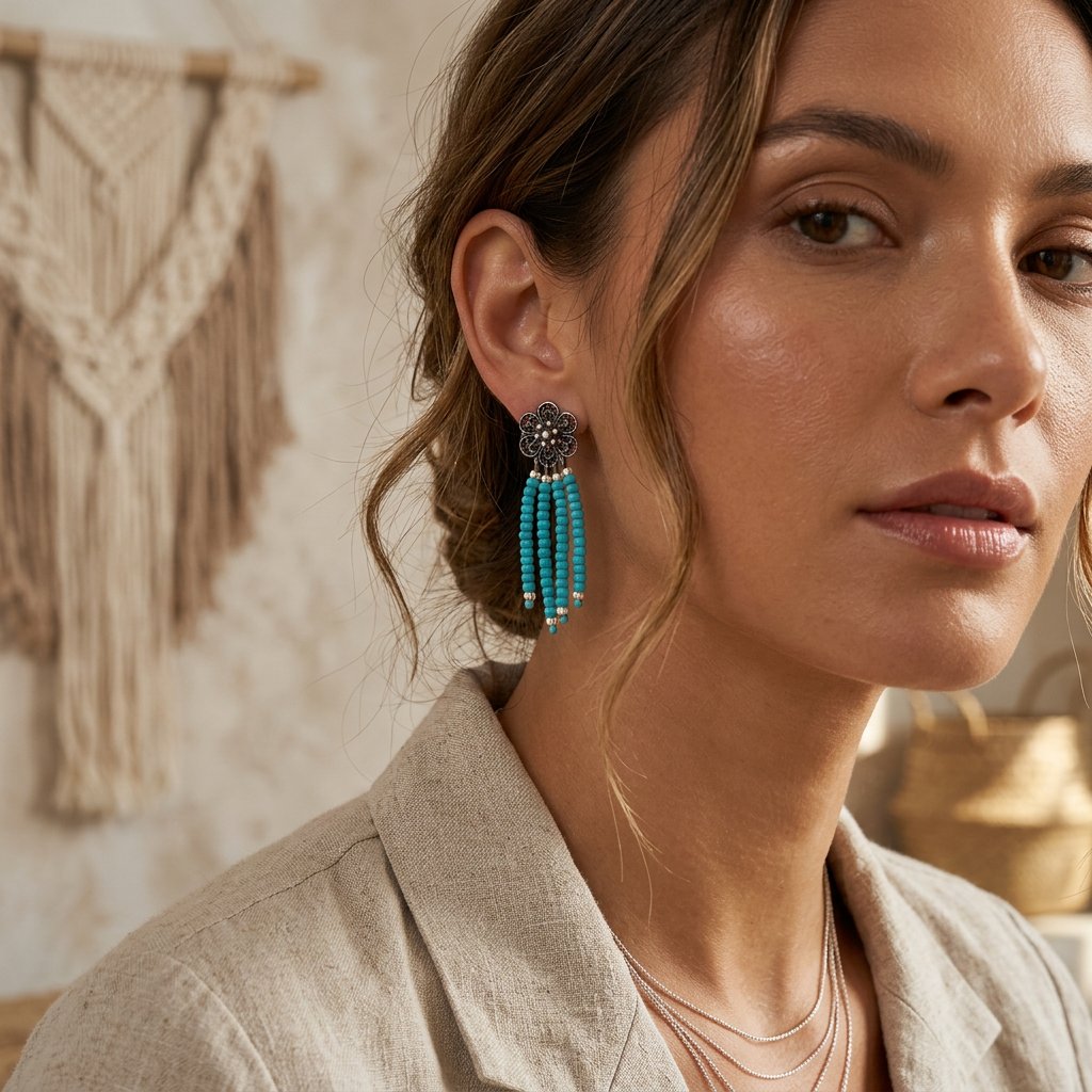 Azur Bohème porté — Boucles d'oreilles fait main SoClô Atelier