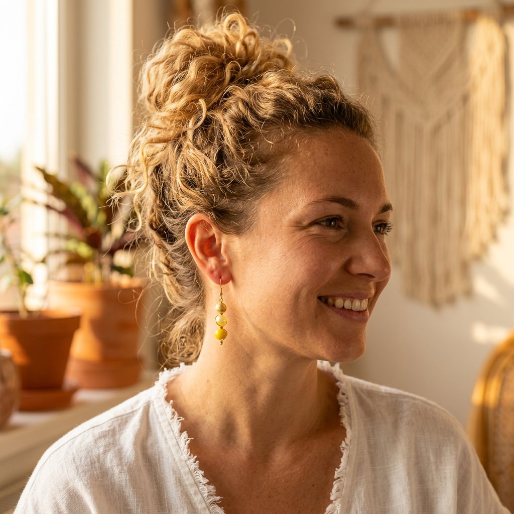 Soleil Doux porté — Boucles d'oreilles fait main SoClô Atelier