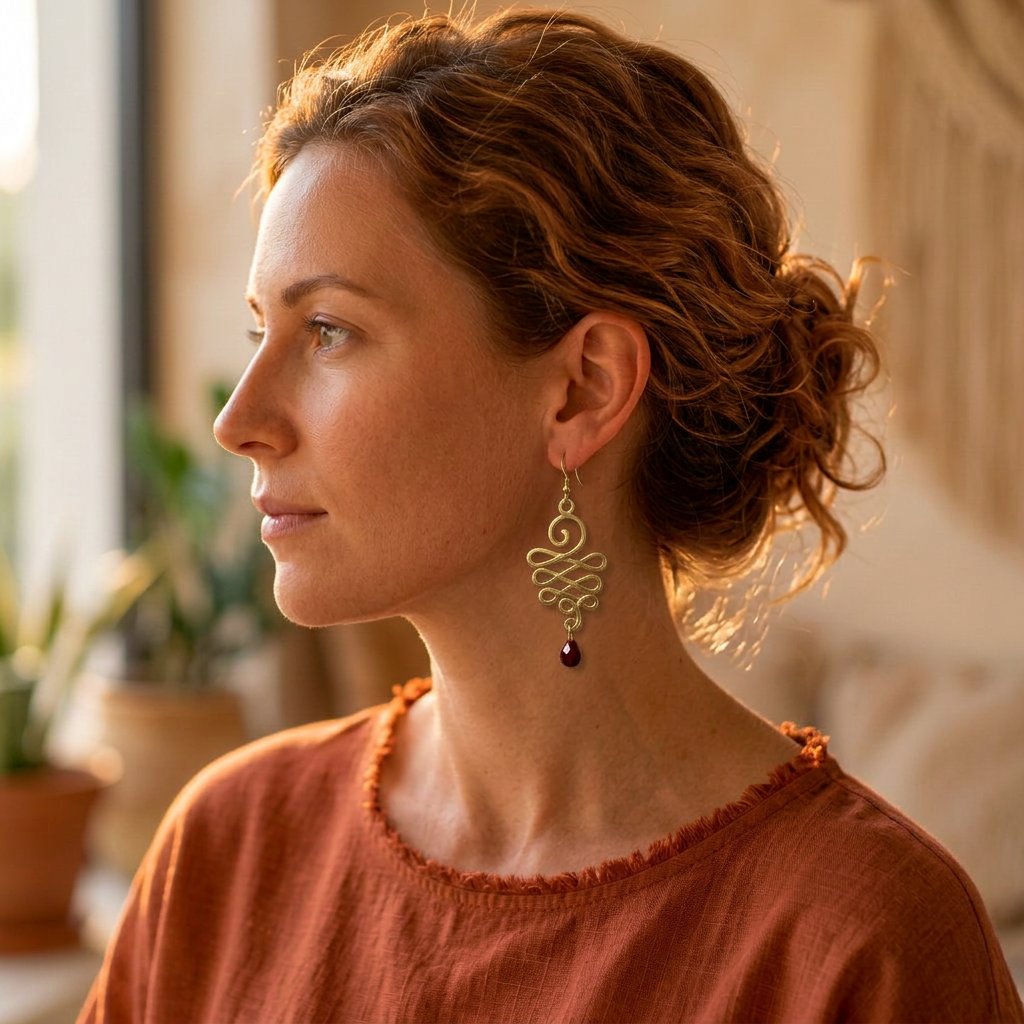 Fil d’Or & Grenat porté — Boucles d'oreilles fait main SoClô Atelier