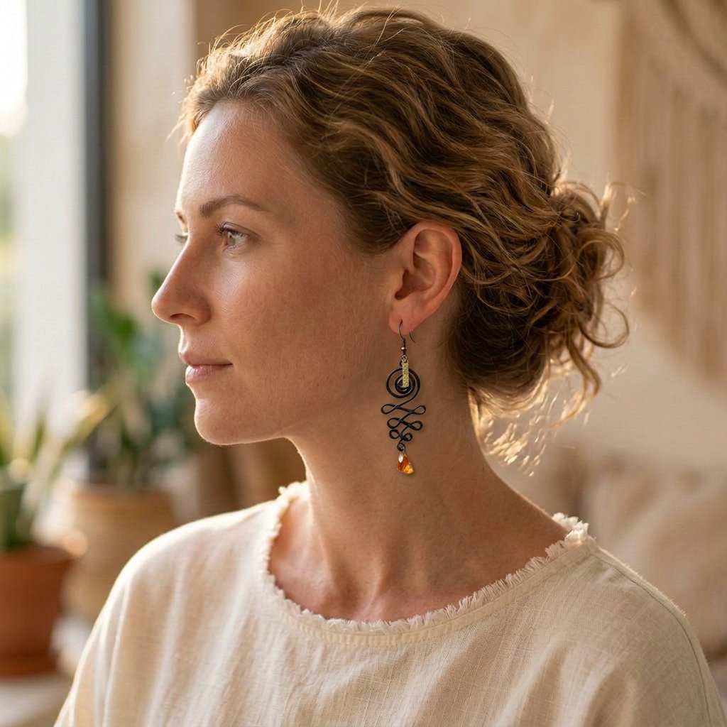 Spirale d’Ambre porté — Boucles d'oreilles fait main SoClô Atelier