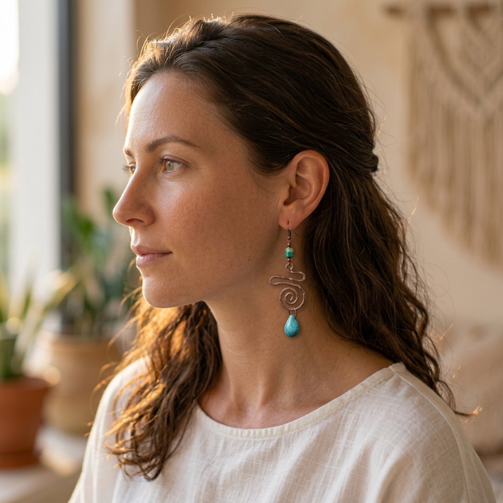 Cascade Cuivrée porté — Boucles d'oreilles fait main SoClô Atelier