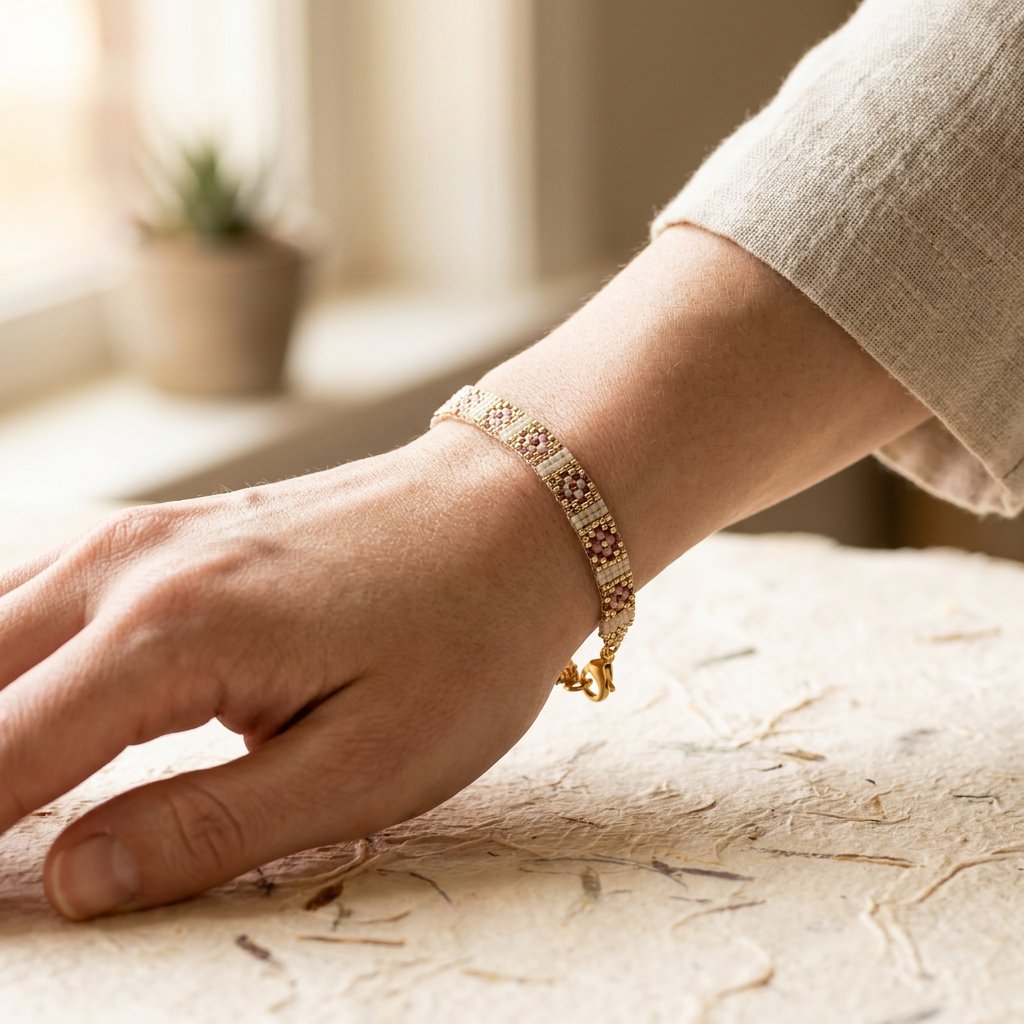 Bracelets et bijoux fait main en pâte polymère posés dans un atelier de créatrice
