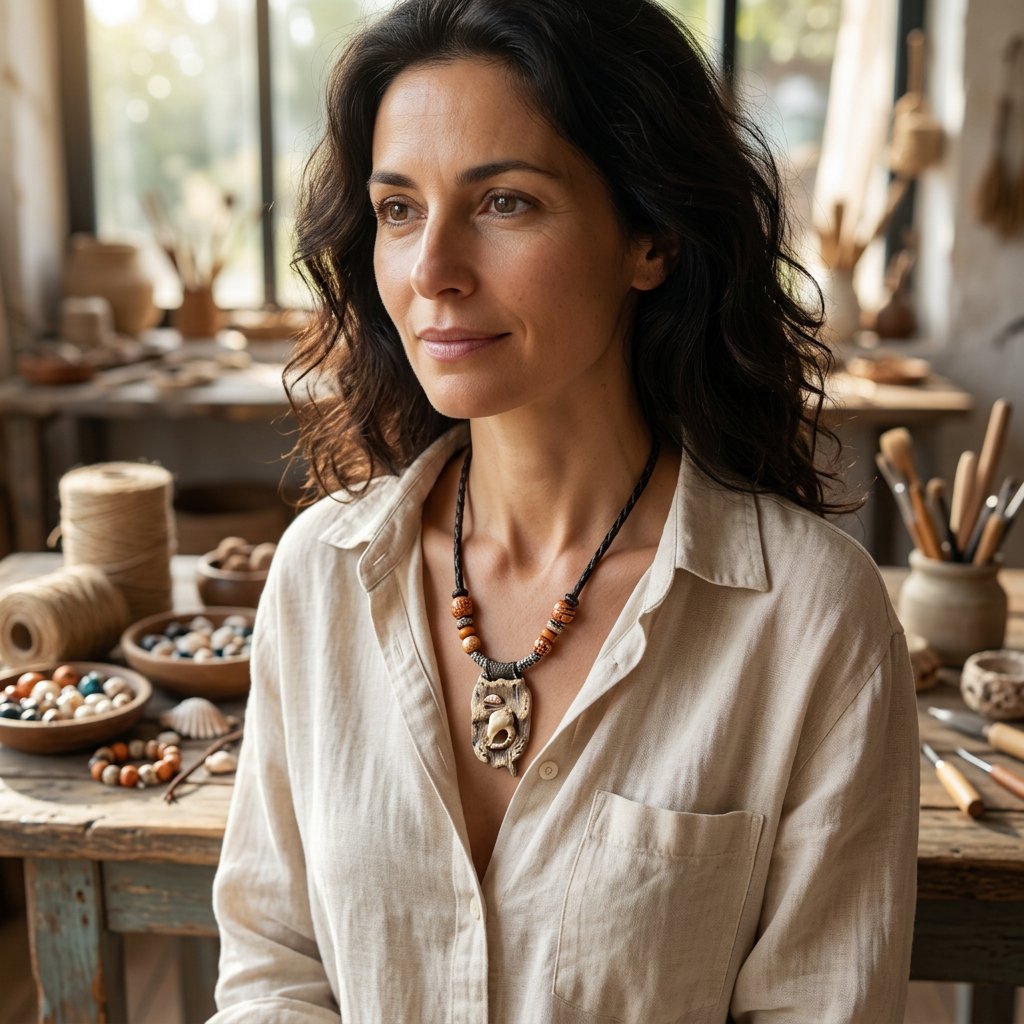 Créatrice de SoClô Atelier portant un collier fait main en pâte polymère dans son atelier de Clermont-Ferrand