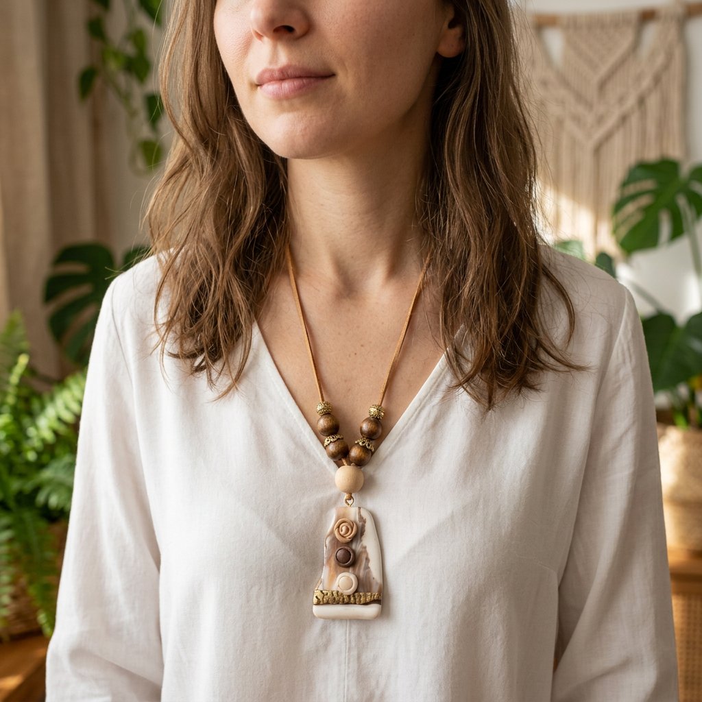 Collier Roses Bohème en pâte polymère fait main, porté avec une chemise en lin dans un atelier